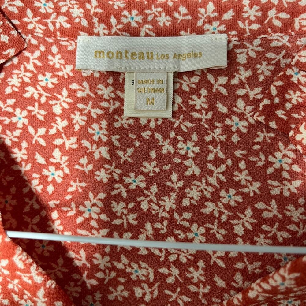 Monteau Top Women’s Sz Med Orange Floral V-Neck Faux Wrap Short Flutter - Picture 4 of 10